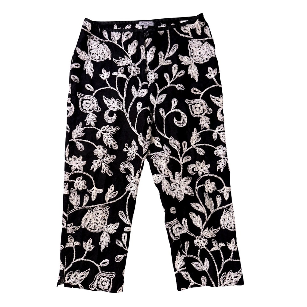 Principe Womens Black 100% Linen Floral‎ Embroidered Cropped Pants Size 4